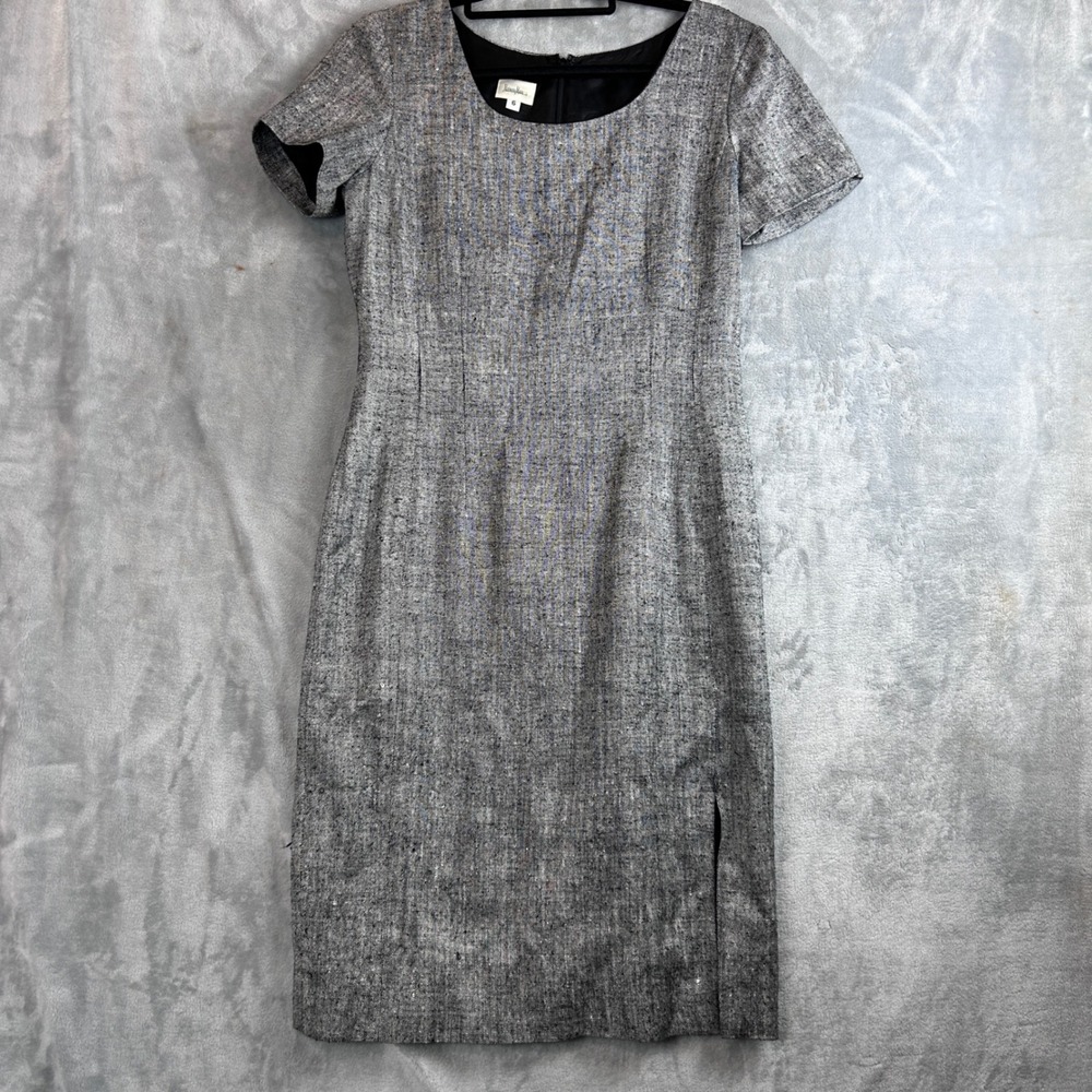 Neiman Marcus Grey Tweed Sheath Dress Metallic Short Sleeve Side Slit Size 6 - Picture 3 of 11